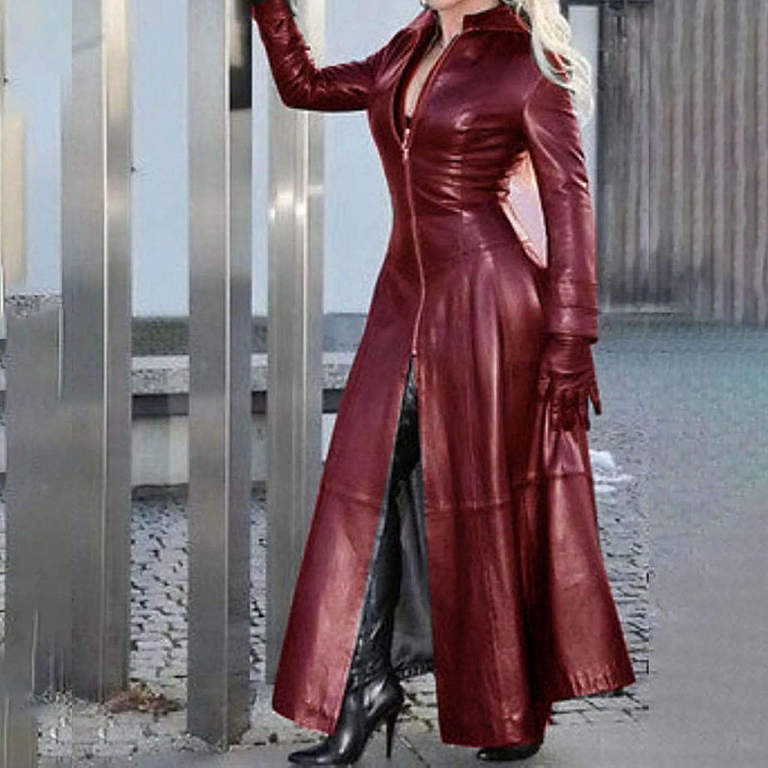 Womens Sexy Faux Leather Jackets Trendy Zip Up Trench Coats Fall Winter Plus Size Outerwear Long Windbreaker Coat