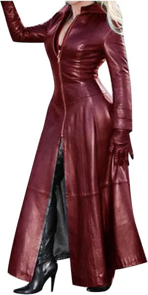 Womens Sexy Faux Leather Jackets Trendy Zip Up Trench Coats Fall Winter Plus Size Outerwear Long Windbreaker Coat