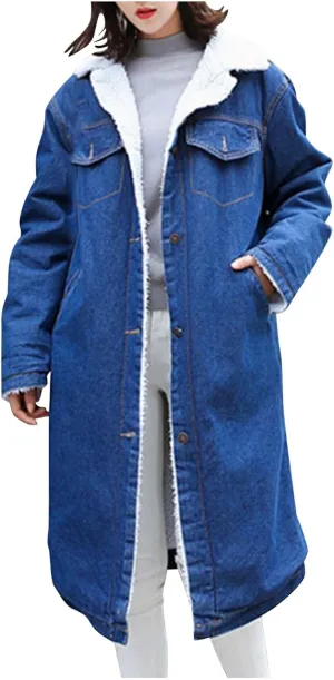 Women's Sherpa Lined Long Denim Jacket 2024 Winter Long Denim Coat Trucker Jackets Warm Fleece Long Denim Coats
