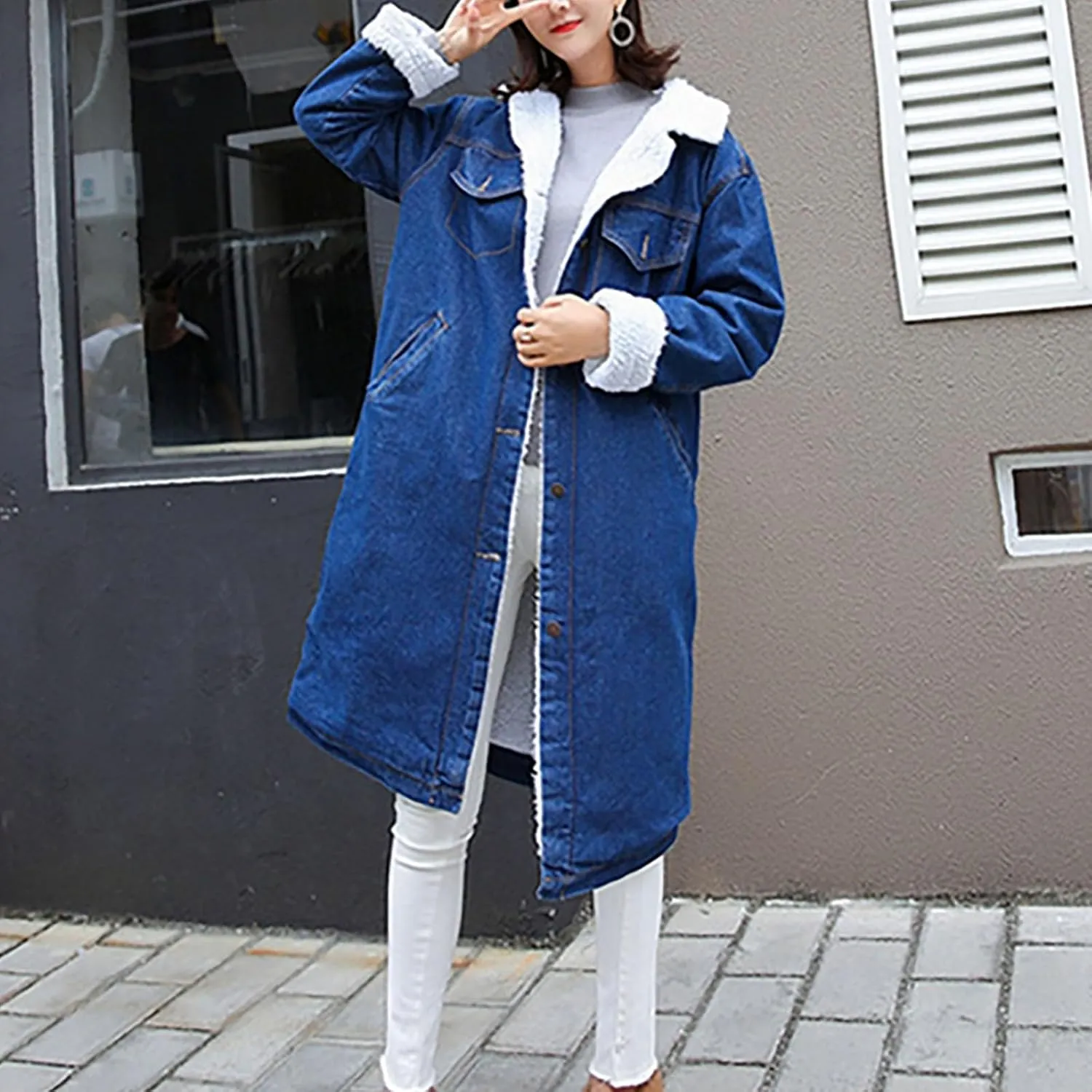 Women's Sherpa Lined Long Denim Jacket 2024 Winter Long Denim Coat Trucker Jackets Warm Fleece Long Denim Coats