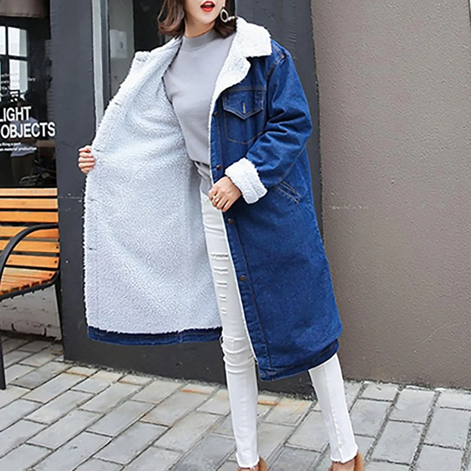Women's Sherpa Lined Long Denim Jacket 2024 Winter Long Denim Coat Trucker Jackets Warm Fleece Long Denim Coats