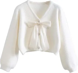 Women's Short Sweater Cardigan Winter Bow Knit Short Mink Velvet Coat Puff Sleeve V Neck Sweet Jumper Tops White