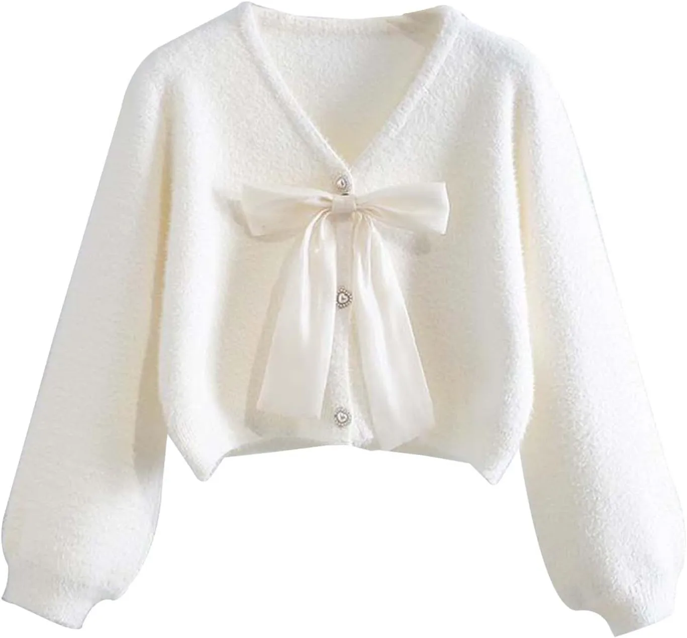 Women's Short Sweater Cardigan Winter Bow Knit Short Mink Velvet Coat Puff Sleeve V Neck Sweet Jumper Tops White