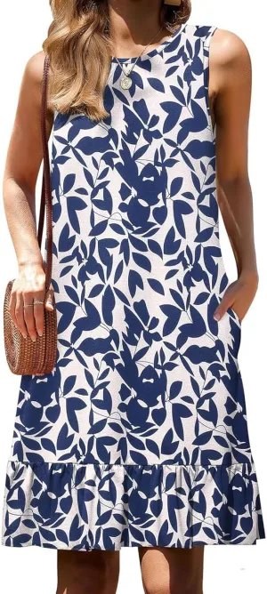 Women's Sleeveless Ruffle Hem Round Neck Mini Dress Casual Boho Flowy Shift Dresses with Pockets Beach Vacation Sundress