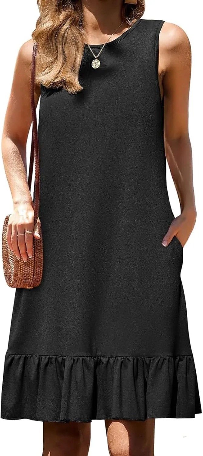 Women's Sleeveless Ruffle Hem Round Neck Mini Dress Casual Boho Flowy Shift Dresses with Pockets Beach Vacation Sundress