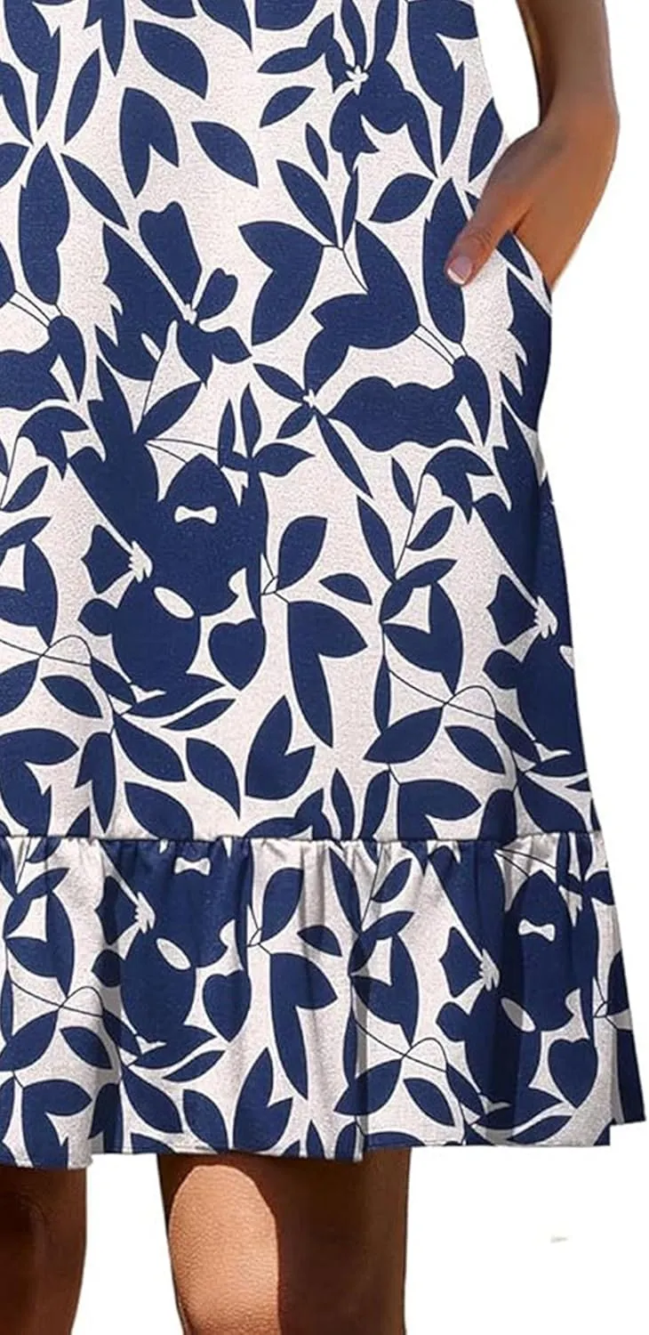 Women's Sleeveless Ruffle Hem Round Neck Mini Dress Casual Boho Flowy Shift Dresses with Pockets Beach Vacation Sundress