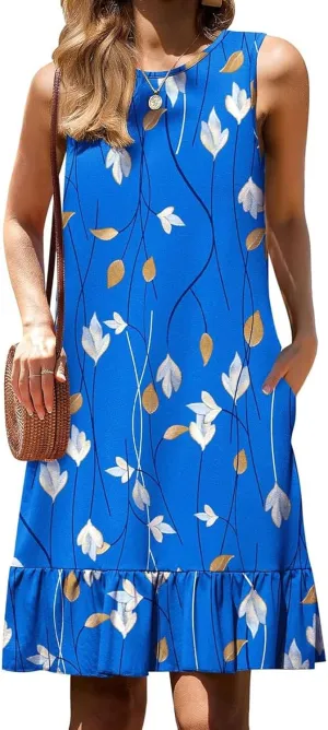 Women's Sleeveless Ruffle Hem Round Neck Mini Dress Casual Boho Flowy Shift Dresses with Pockets Beach Vacation Sundress