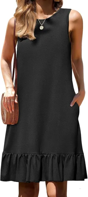 Women's Sleeveless Ruffle Hem Round Neck Mini Dress Casual Boho Flowy Shift Dresses with Pockets Beach Vacation Sundress