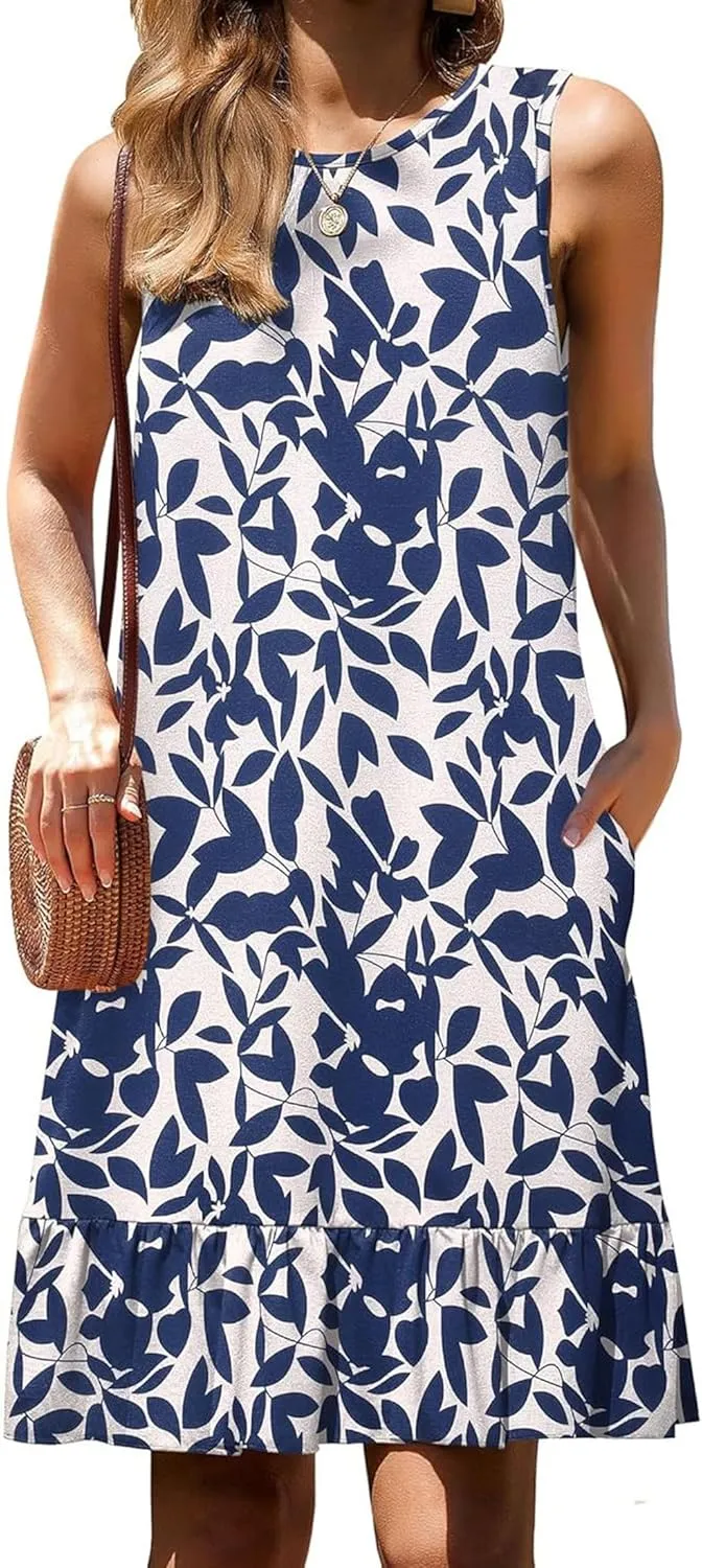 Women's Sleeveless Ruffle Hem Round Neck Mini Dress Casual Boho Flowy Shift Dresses with Pockets Beach Vacation Sundress