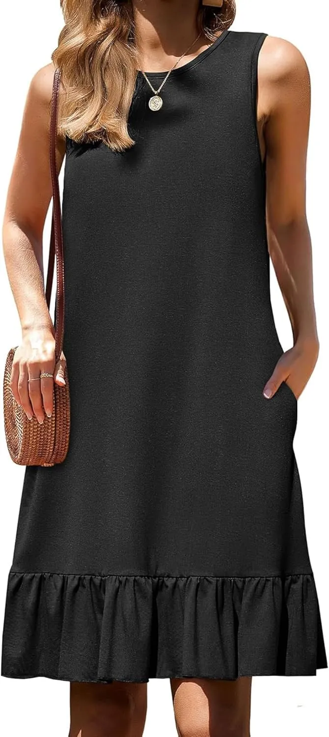 Women's Sleeveless Ruffle Hem Round Neck Mini Dress Casual Boho Flowy Shift Dresses with Pockets Beach Vacation Sundress