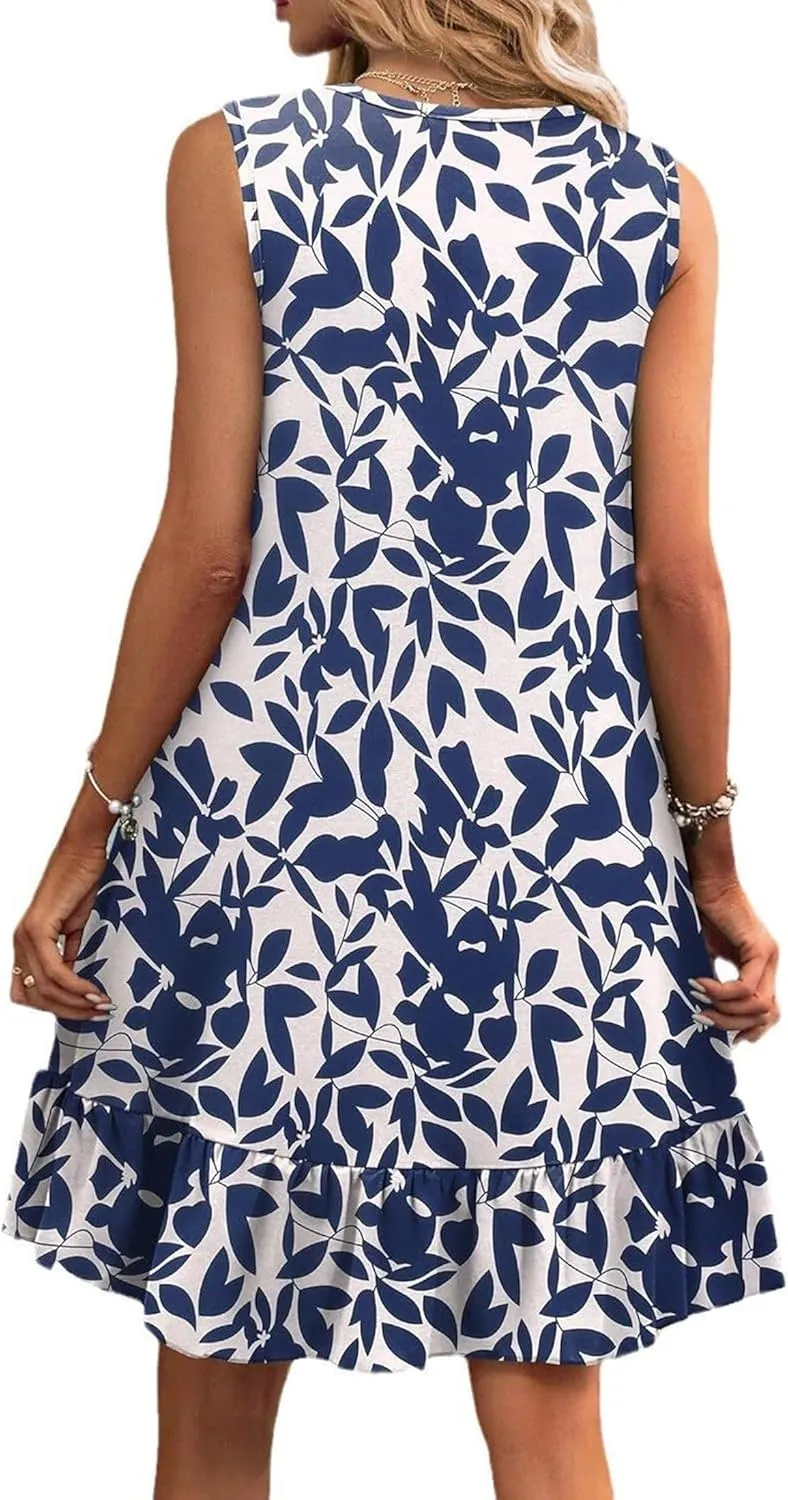 Women's Sleeveless Ruffle Hem Round Neck Mini Dress Casual Boho Flowy Shift Dresses with Pockets Beach Vacation Sundress