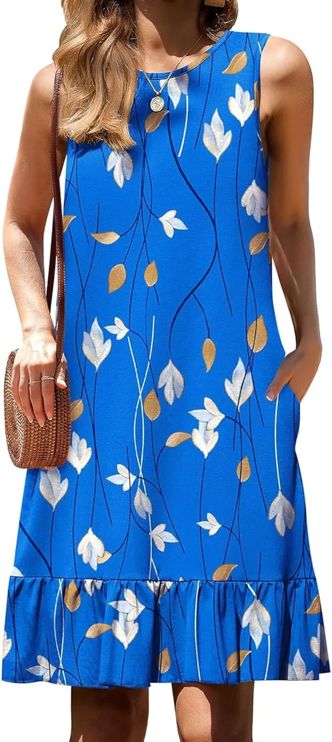 Women's Sleeveless Ruffle Hem Round Neck Mini Dress Casual Boho Flowy Shift Dresses with Pockets Beach Vacation Sundress