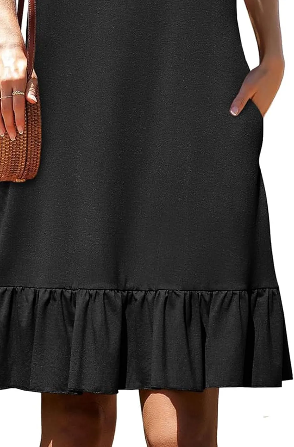 Women's Sleeveless Ruffle Hem Round Neck Mini Dress Casual Boho Flowy Shift Dresses with Pockets Beach Vacation Sundress