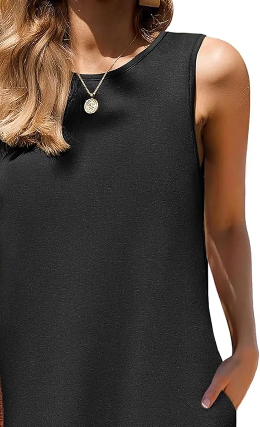 Women's Sleeveless Ruffle Hem Round Neck Mini Dress Casual Boho Flowy Shift Dresses with Pockets Beach Vacation Sundress