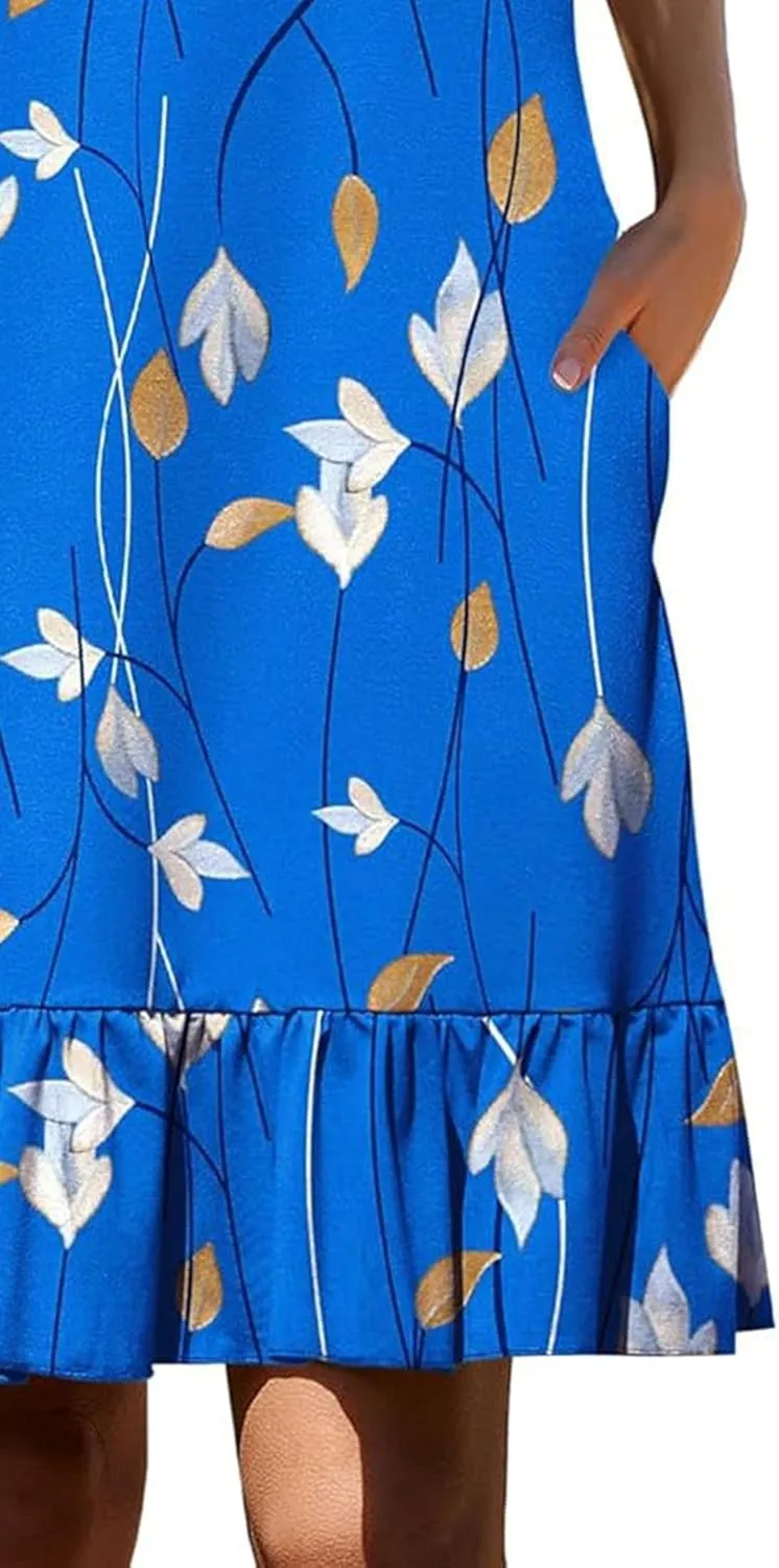 Women's Sleeveless Ruffle Hem Round Neck Mini Dress Casual Boho Flowy Shift Dresses with Pockets Beach Vacation Sundress