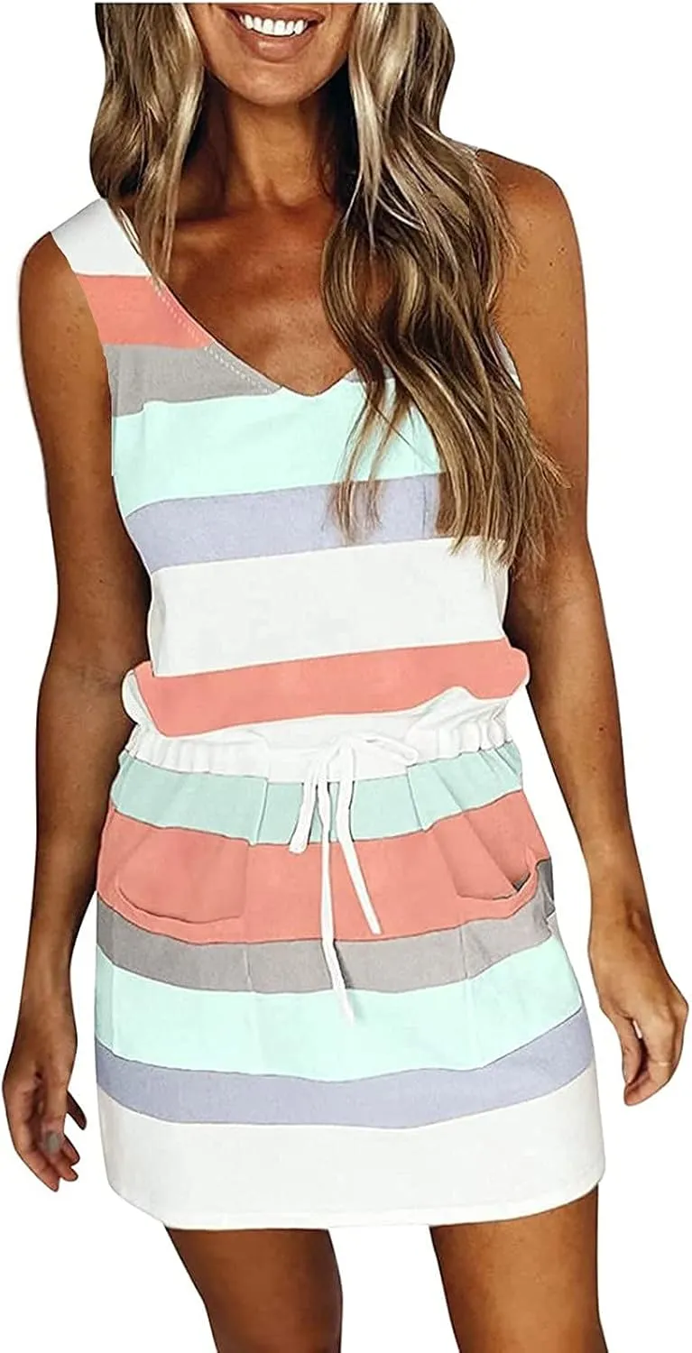 Womens Sleeveless T Shirt Dresses Casual Spaghetti Strap Sundress V Neck Striped Dress Summer Cute Mini Dresses