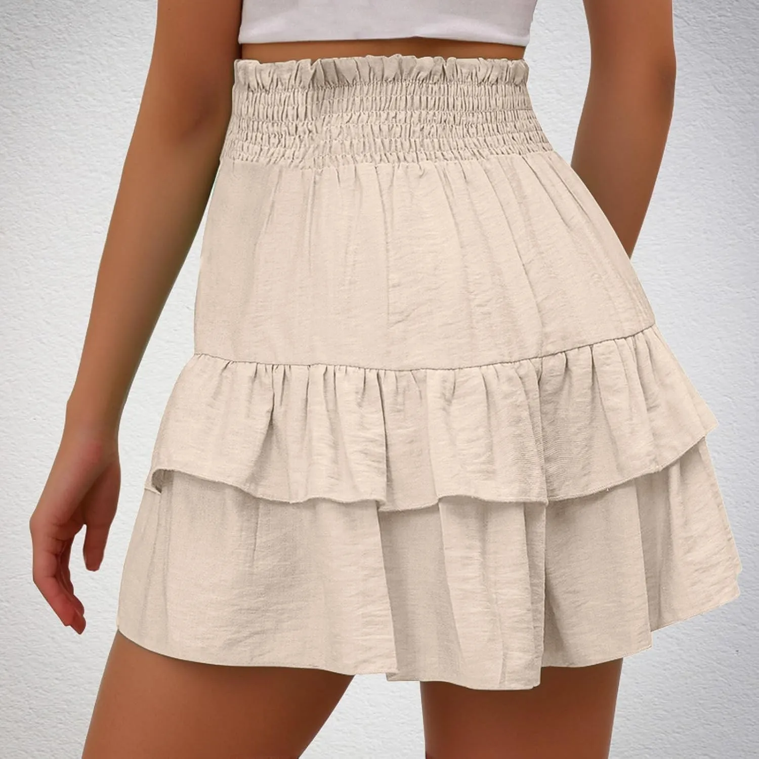 Womens Smocked Ruffle Shorts Elastic High Waisted Pleated Hem Summer Shorts Flowy Beach Vacation Skorts