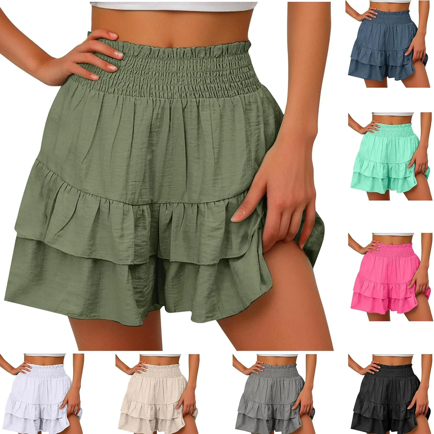Womens Smocked Ruffle Shorts Elastic High Waisted Pleated Hem Summer Shorts Flowy Beach Vacation Skorts