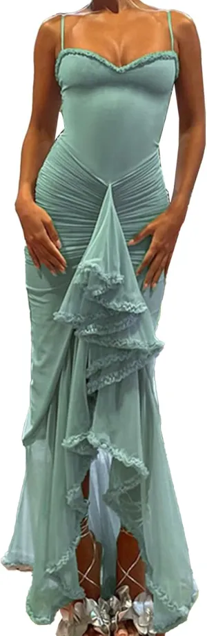 Women's Spaghetti Strap Maxi Dress High Split Ruffle Hem Bodycon Cocktail Dresses Evening Party Dress