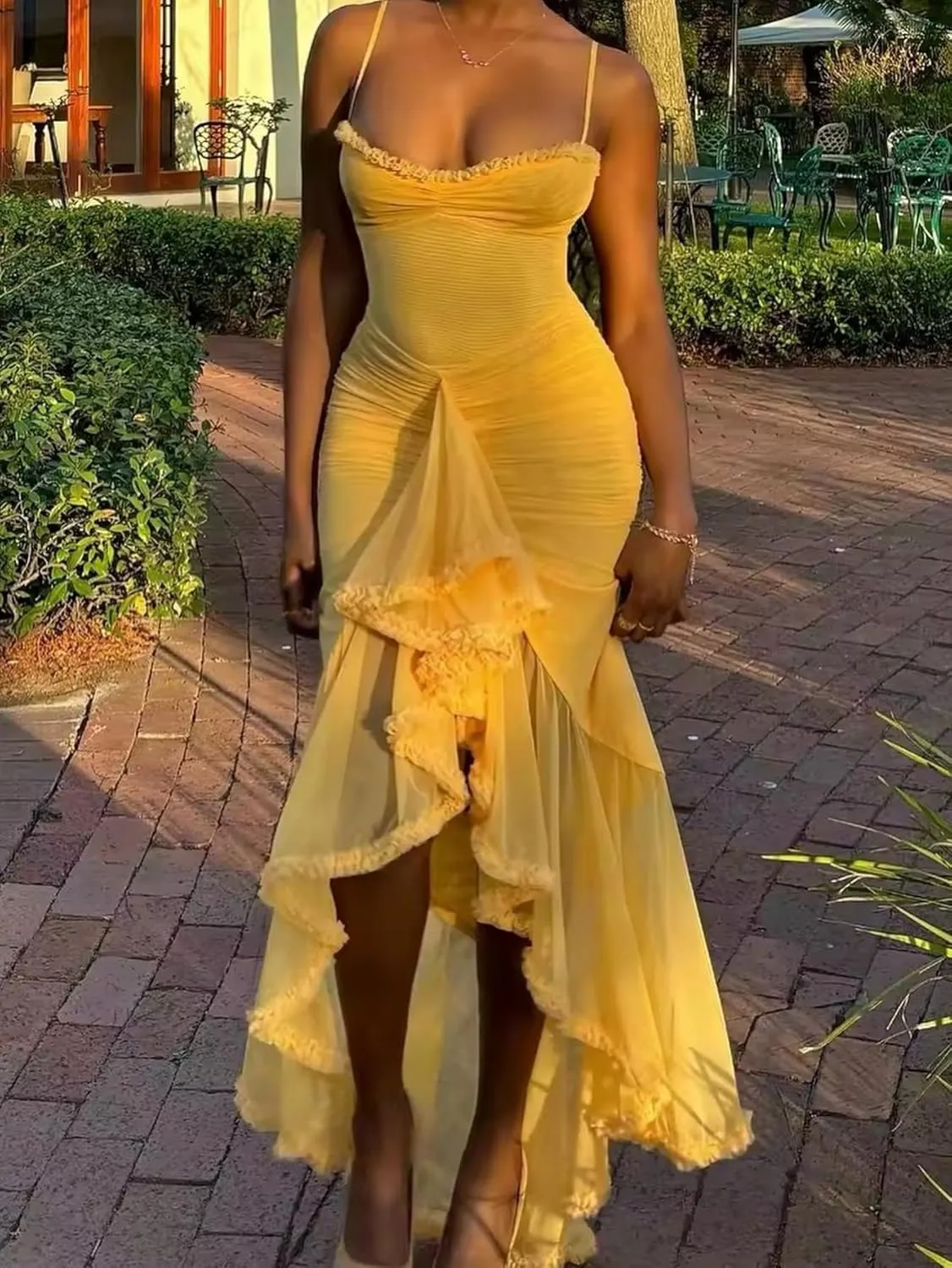 Women's Spaghetti Strap Maxi Dress High Split Ruffle Hem Bodycon Cocktail Dresses Evening Party Dress