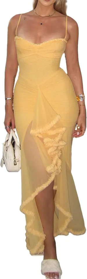 Women's Spaghetti Strap Maxi Dress High Split Ruffle Hem Bodycon Cocktail Dresses Evening Party Dress