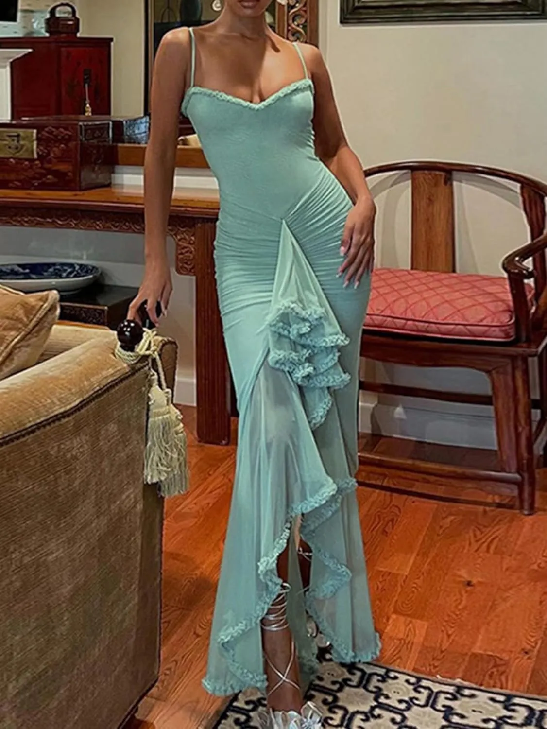 Women's Spaghetti Strap Maxi Dress High Split Ruffle Hem Bodycon Cocktail Dresses Evening Party Dress