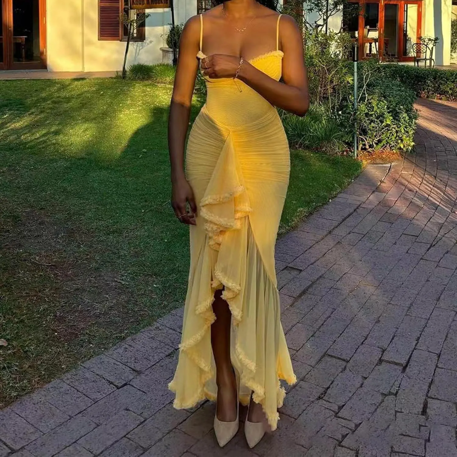 Women's Spaghetti Strap Maxi Dress High Split Ruffle Hem Bodycon Cocktail Dresses Evening Party Dress