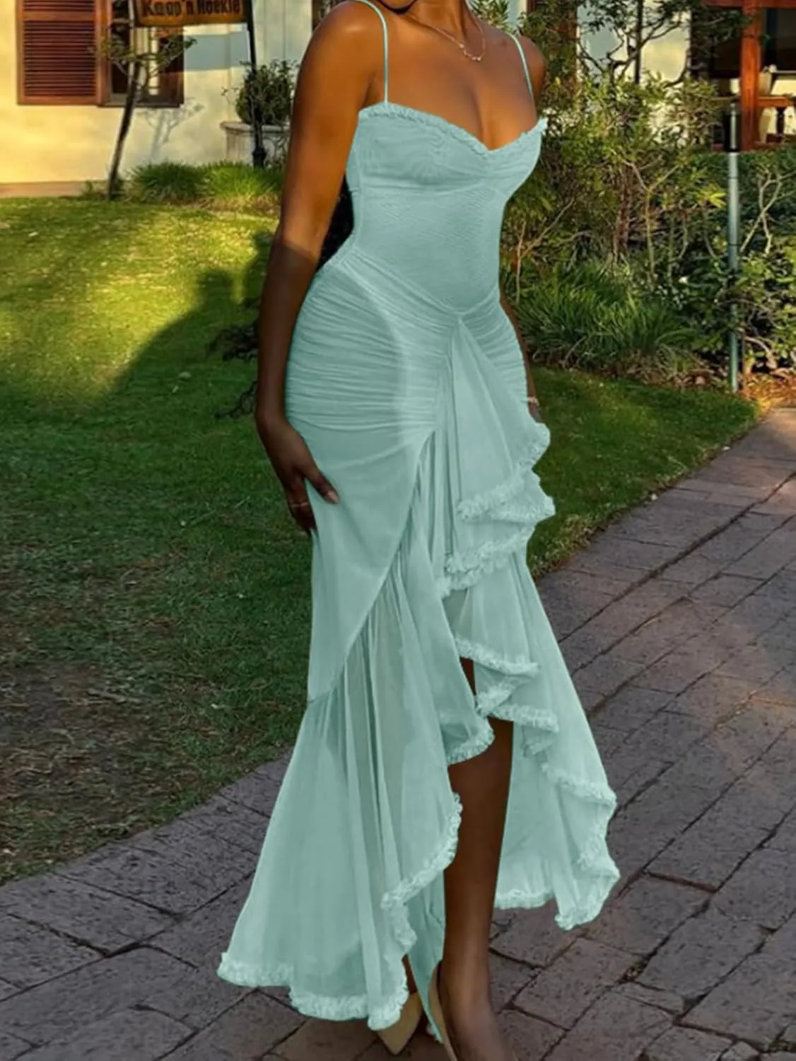 Women's Spaghetti Strap Maxi Dress High Split Ruffle Hem Bodycon Cocktail Dresses Evening Party Dress