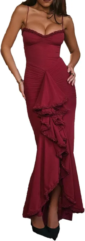 Women's Spaghetti Strap Maxi Dress High Split Ruffle Hem Bodycon Cocktail Dresses Evening Party Dress
