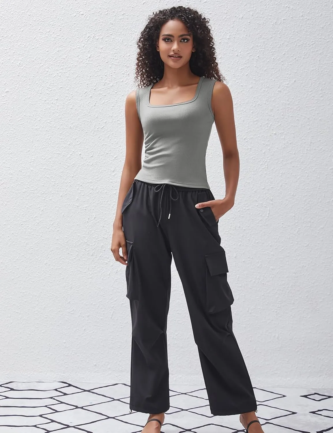 Women's Square Neck Ribbed Tank Tops Sleeveless Shirts Casual Basic Tanks Slim Fitted Workout Tops