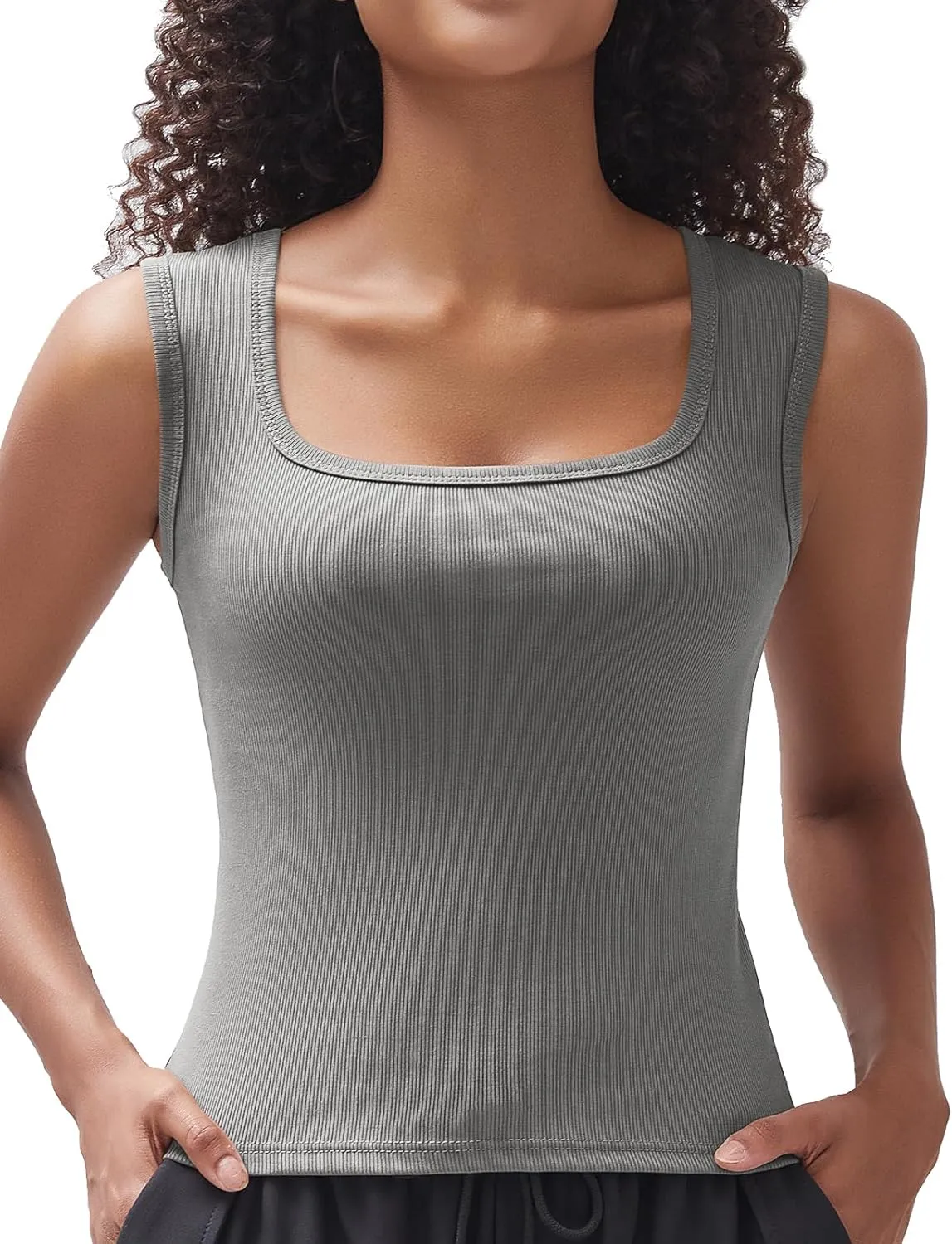 Women's Square Neck Ribbed Tank Tops Sleeveless Shirts Casual Basic Tanks Slim Fitted Workout Tops