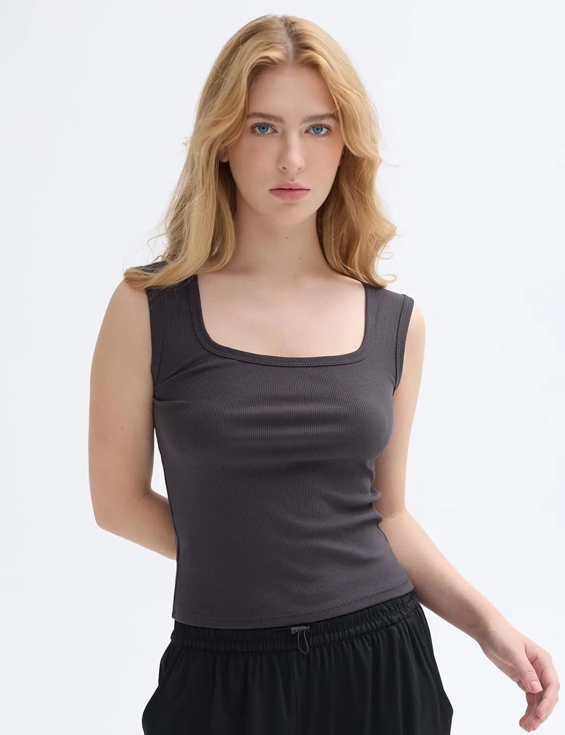 Women's Square Neck Ribbed Tank Tops Sleeveless Shirts Casual Basic Tanks Slim Fitted Workout Tops