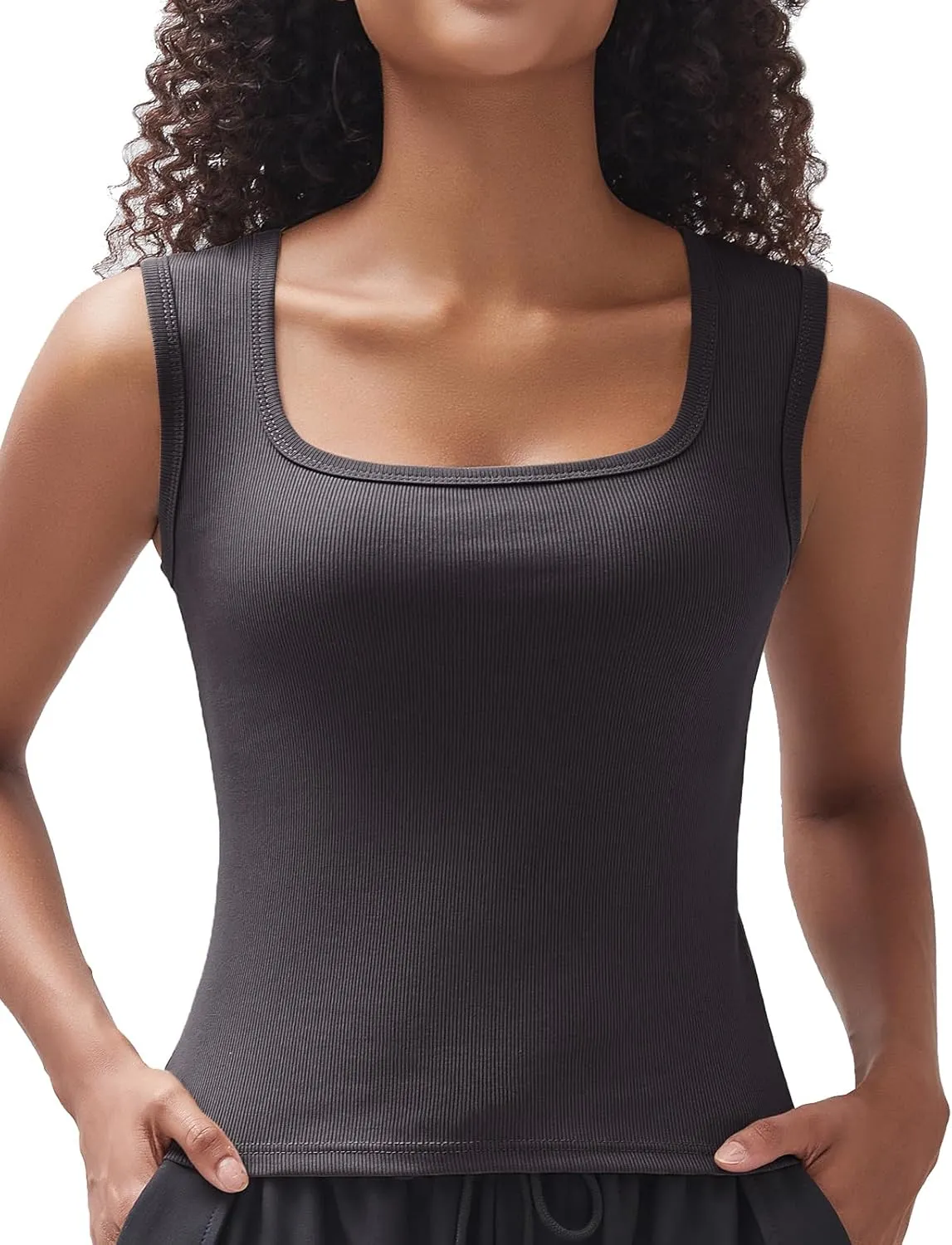 Women's Square Neck Ribbed Tank Tops Sleeveless Shirts Casual Basic Tanks Slim Fitted Workout Tops