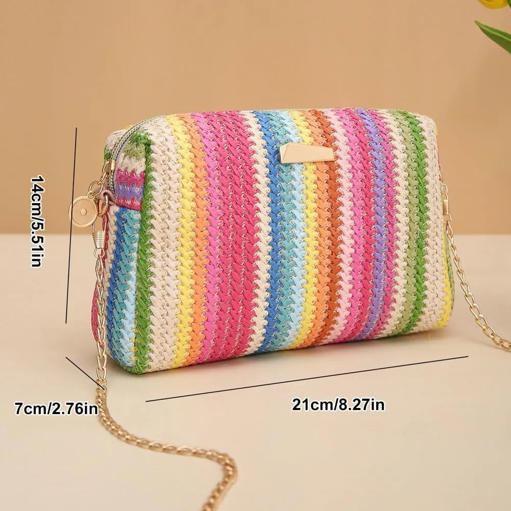 Womens Straw Tote Bag Rainbow Striped Casual Beach Shoulder Bag Summer Vacation Straw Crossbody Bag Purse 2024
