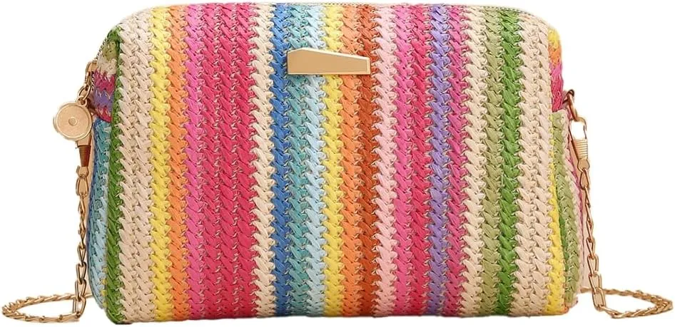 Womens Straw Tote Bag Rainbow Striped Casual Beach Shoulder Bag Summer Vacation Straw Crossbody Bag Purse 2024