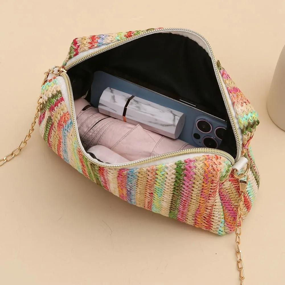 Womens Straw Tote Bag Rainbow Striped Casual Beach Shoulder Bag Summer Vacation Straw Crossbody Bag Purse 2024