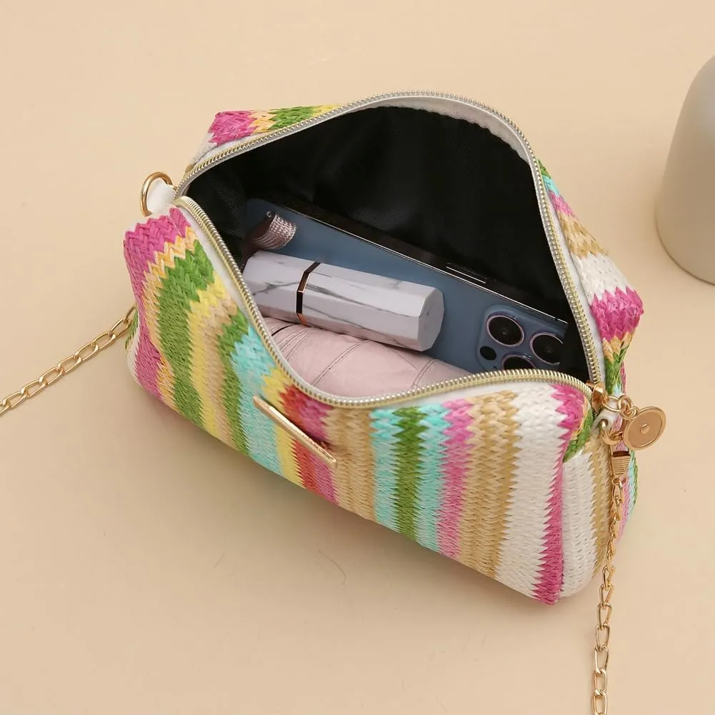 Womens Straw Tote Bag Rainbow Striped Casual Beach Shoulder Bag Summer Vacation Straw Crossbody Bag Purse 2024