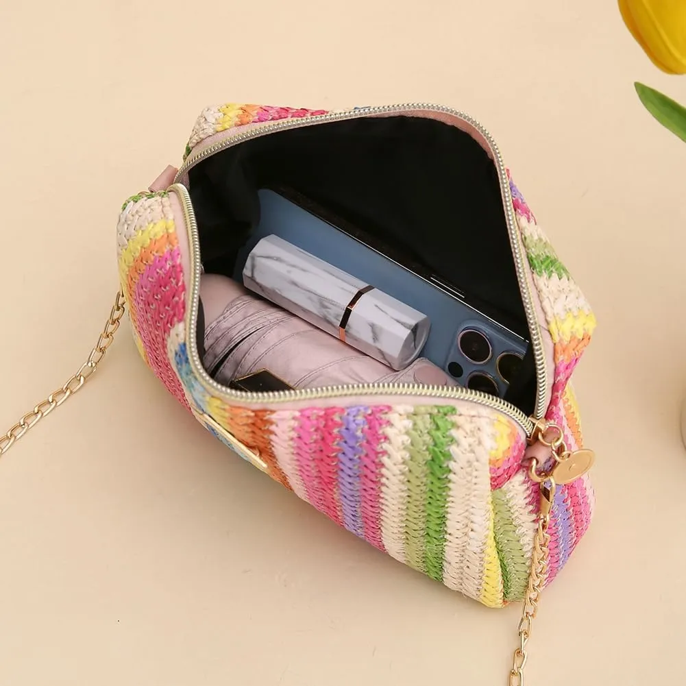 Womens Straw Tote Bag Rainbow Striped Casual Beach Shoulder Bag Summer Vacation Straw Crossbody Bag Purse 2024