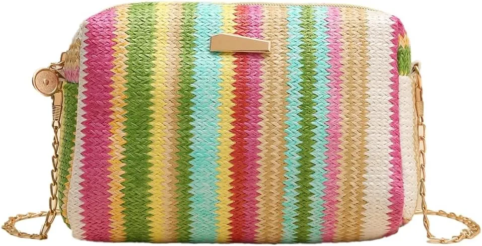 Womens Straw Tote Bag Rainbow Striped Casual Beach Shoulder Bag Summer Vacation Straw Crossbody Bag Purse 2024