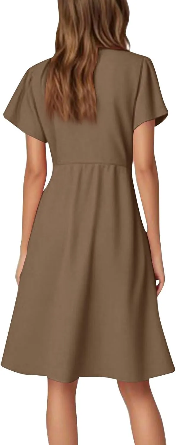 Women's Summer Dresses 2025 Casual V Neck Ruffle Sleeve Midi Casual Elegant Petite Dresses