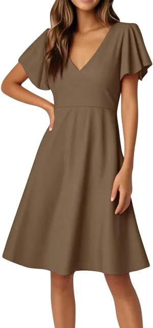Women's Summer Dresses 2025 Casual V Neck Ruffle Sleeve Midi Casual Elegant Petite Dresses