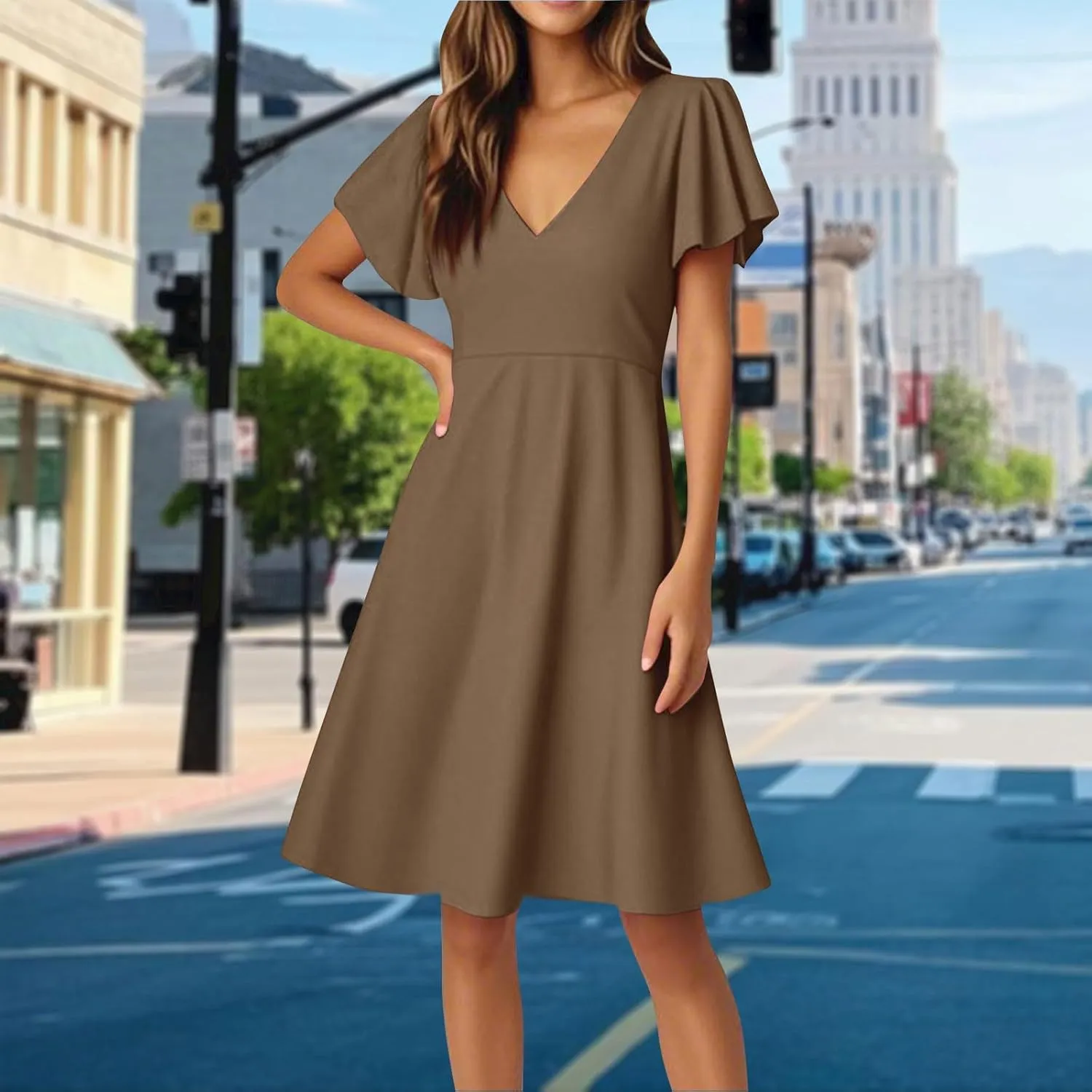 Women's Summer Dresses 2025 Casual V Neck Ruffle Sleeve Midi Casual Elegant Petite Dresses