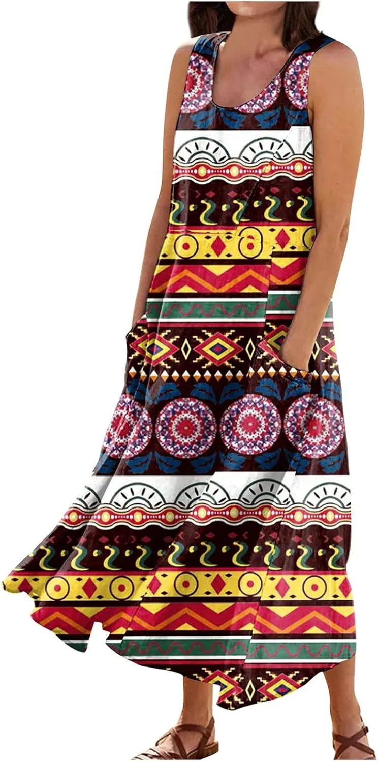Womens Summer Dresses 2025 Ombre Loose Trendy Casual Vacation Sleeveless Boho Tank Midi Pockets Asymmetrical Sundresses