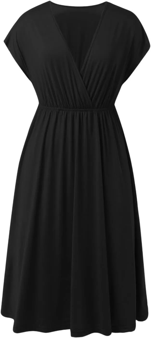 Womens Summer Dresses 2025 Wrap V Neck Short Flared Sleeve Dress Smocked Elastic Waist Tiered Ruffle Mini Dresses
