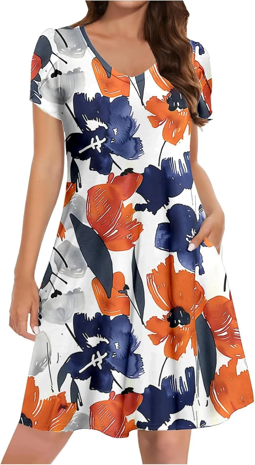 Womens Summer Dresses Casual Floral Sun Dresses Mini a-line Dress Flowy Beach Swing Dress Vacation with Pockets