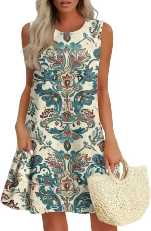 Womens Summer Dresses Casual Sleeveless Mini Dresses Ruffle Hem Crewneck Trendy Work Dress