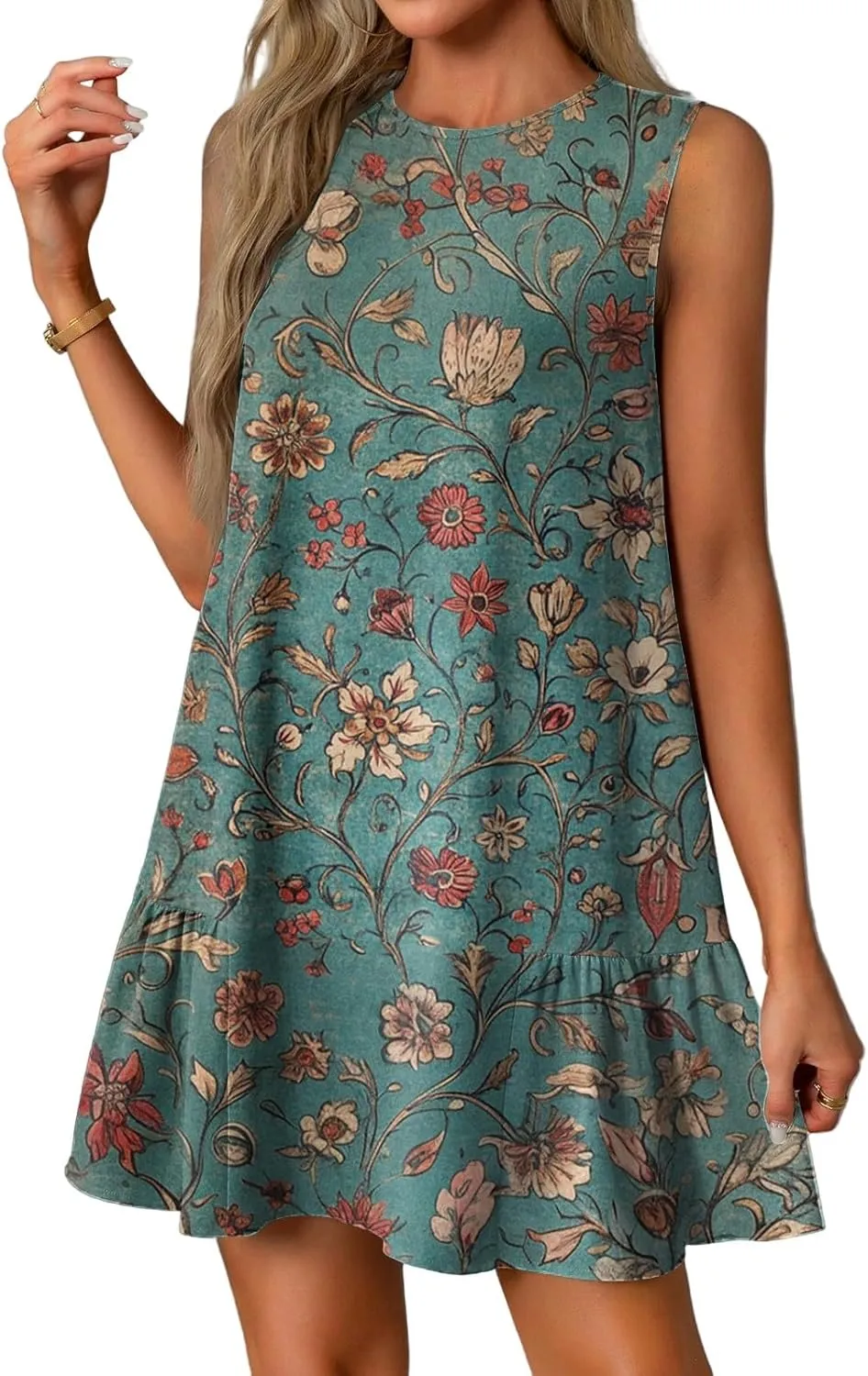Womens Summer Dresses Casual Sleeveless Mini Dresses Ruffle Hem Crewneck Trendy Work Dress