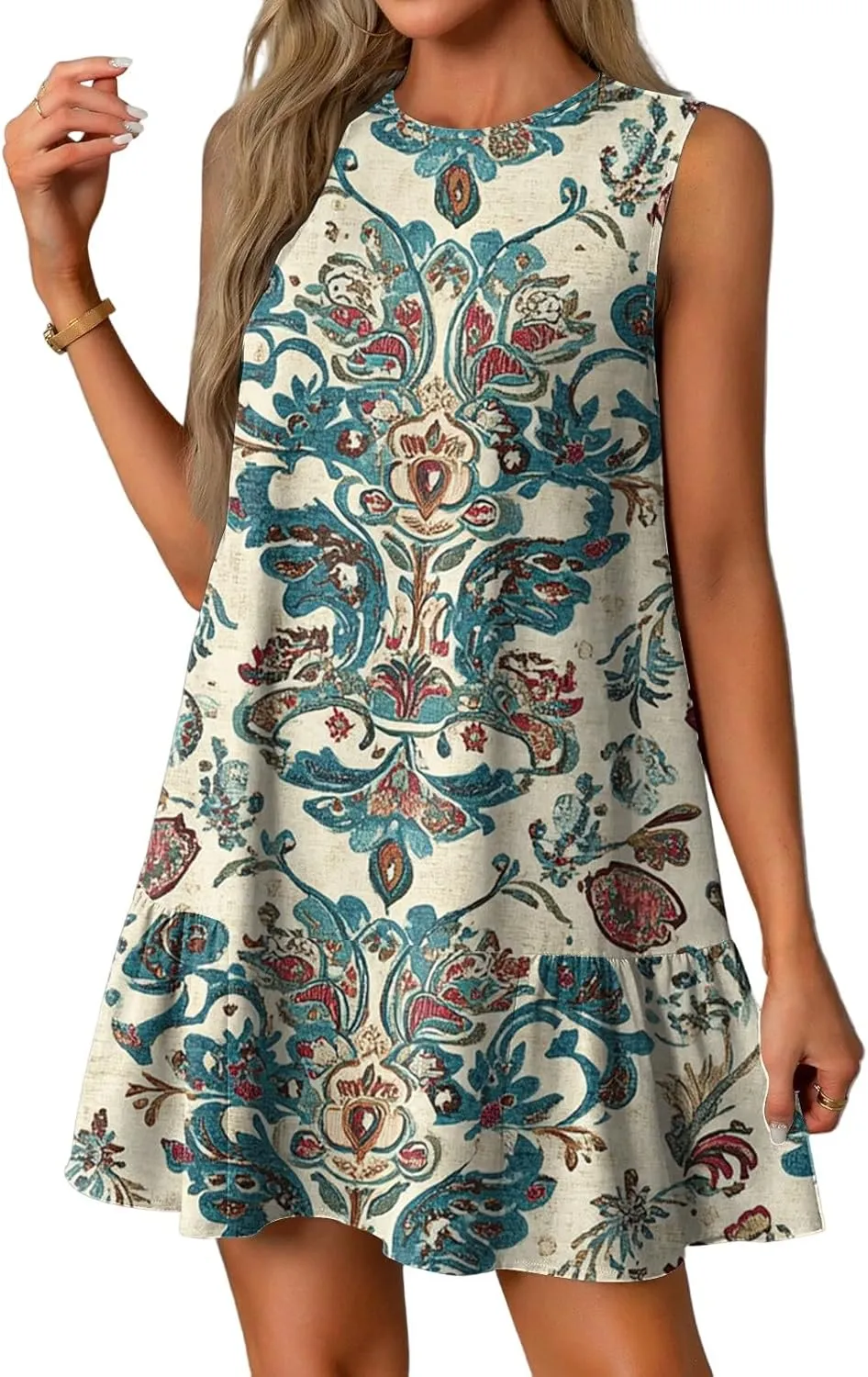 Womens Summer Dresses Casual Sleeveless Mini Dresses Ruffle Hem Crewneck Trendy Work Dress
