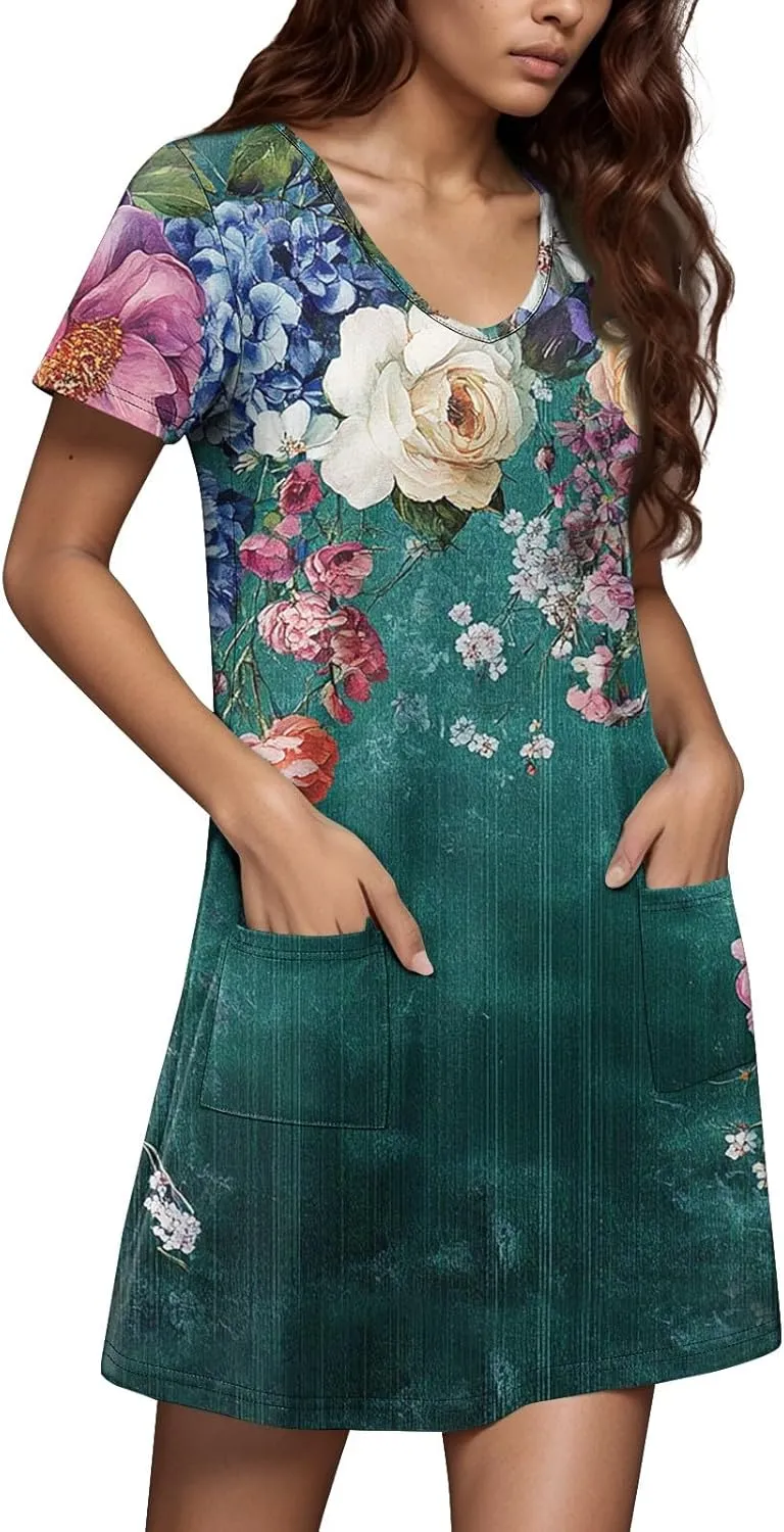 Womens Summer Dresses Short Sleeve V Neck Trendy Casual Boho T Shirt Dress for Women with Pockets