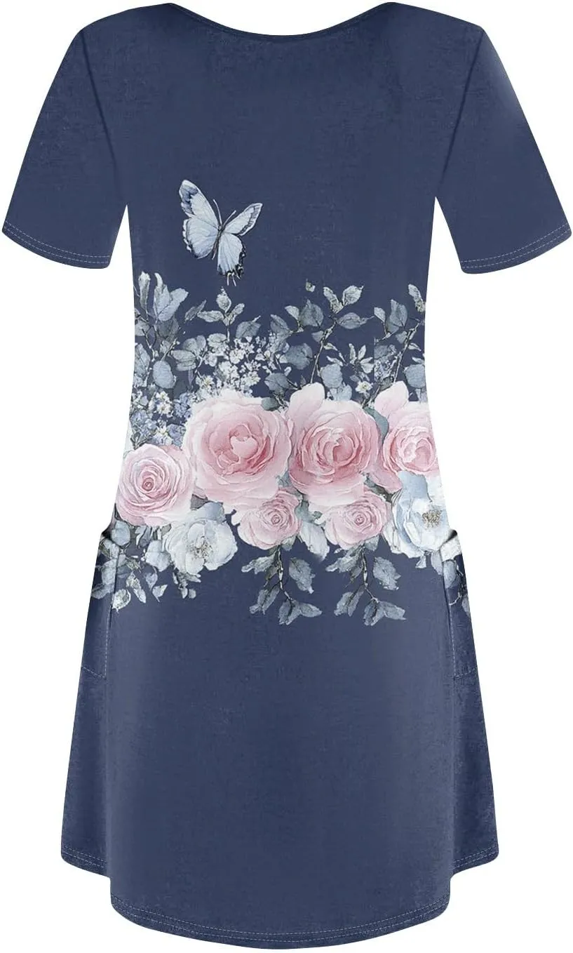 Womens Summer Dresses Short Sleeve V Neck Trendy Casual Boho T Shirt Dress for Women with Pockets